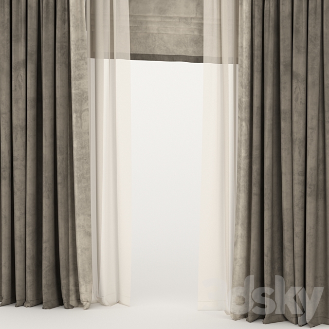 Brown velvet curtains with tulle and a roman curtain 3DS Max Model - thumbnail 2