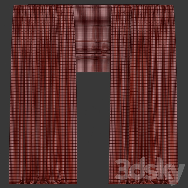 Brown velvet curtains with tulle and a roman curtain 3DS Max Model - thumbnail 3