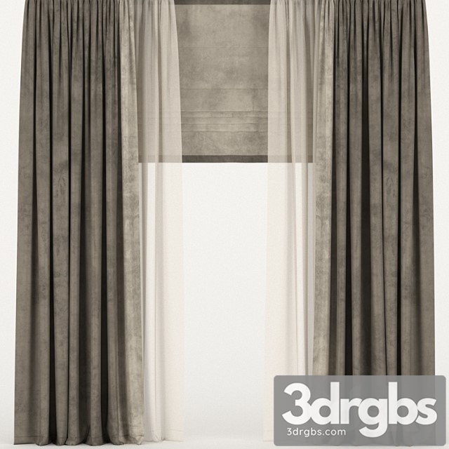 Brown Velvet Curtains With Tulle And Roman Shades 3dsmax Download - thumbnail 1