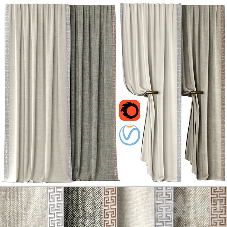 Curtains 136 | Kvadrat – Artic | SAMUEL & SONS – ATHINA EMBROIDERED BORDER 3DS Max Model - thumbnail 3