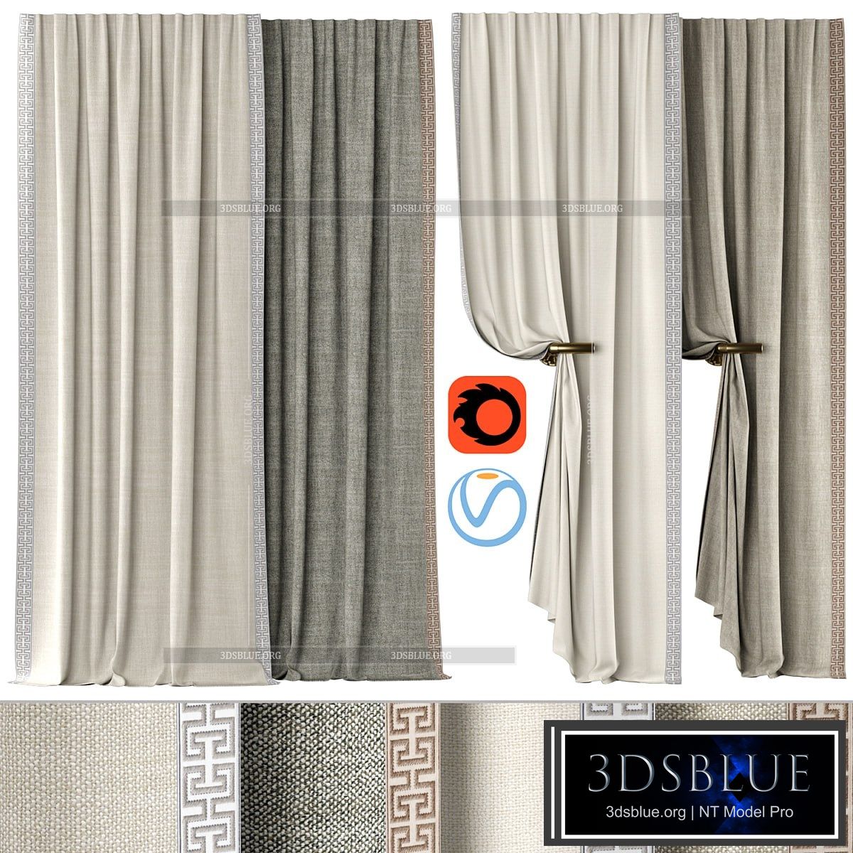 Curtains 136 | Kvadrat – Artic | SAMUEL & SONS – ATHINA EMBROIDERED BORDER 3DS Max - thumbnail 3