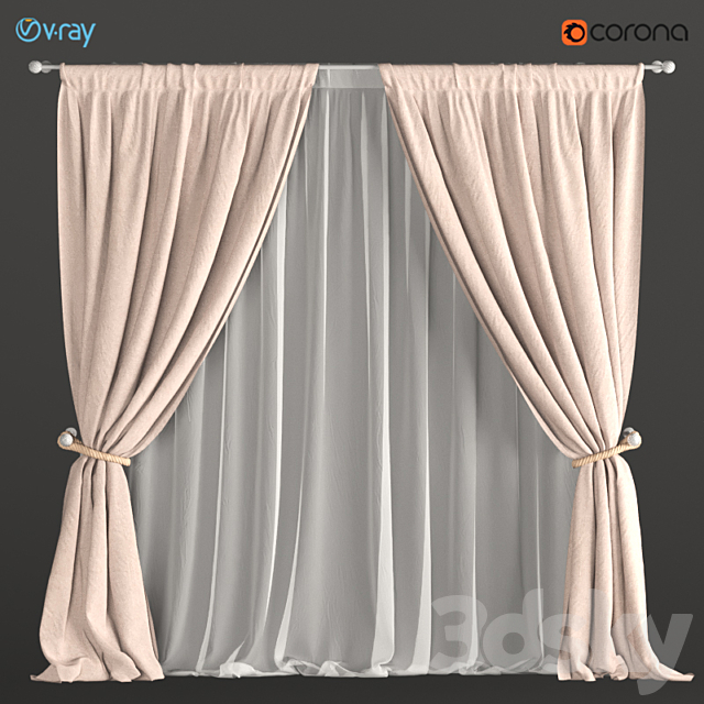 Curtains beige with a garter on the rope + tulle. 3DSMax File - thumbnail 1