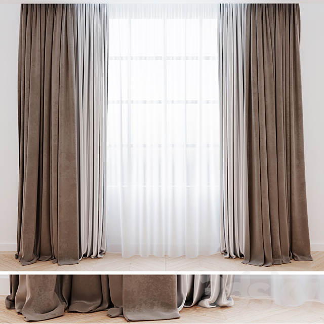 Curtains beige with tulle | Modern curtains 3DSMax File - thumbnail 1