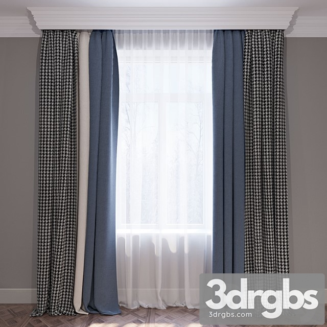 Curtains blue beige and houndstooth set of curtains 01 3dsmax Download - thumbnail 1