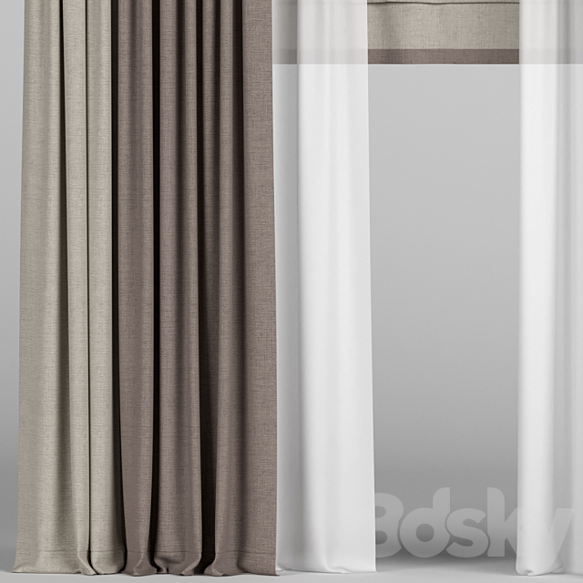 Curtains in two colors with tulle and roman blinds. 3DS Max Model - thumbnail 2