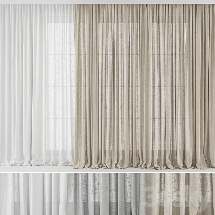 Curtains Long Linen set 02 3DS Max Model - thumbnail 1