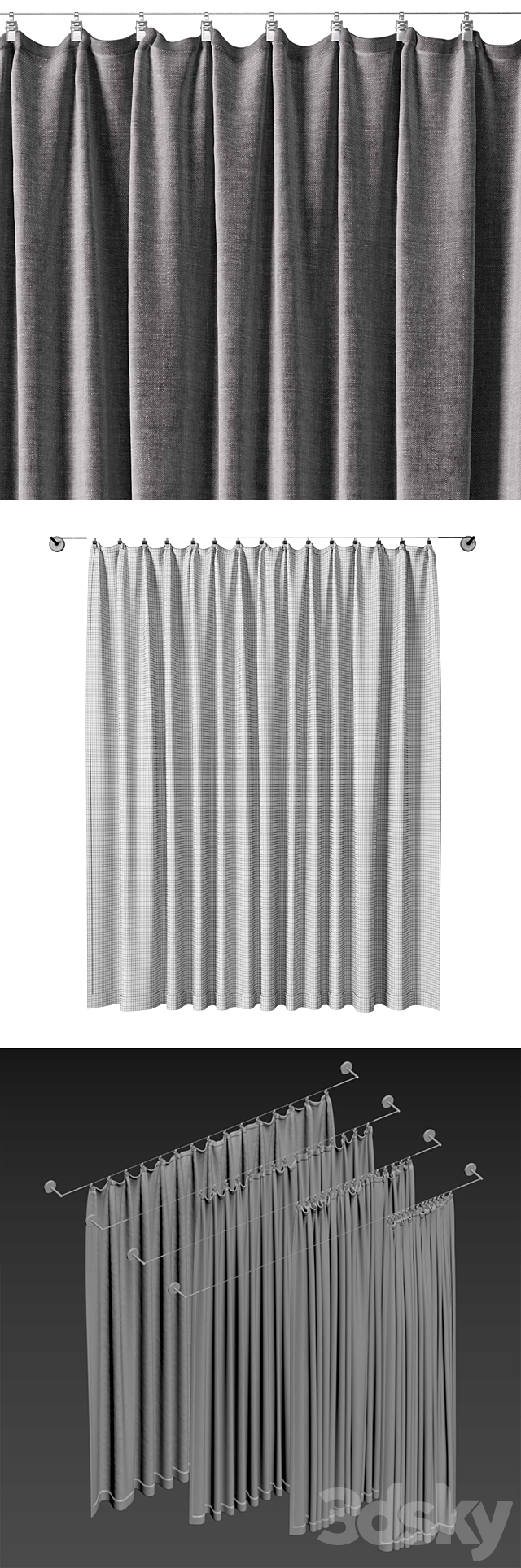 Curtains pinned by clamps & curtain wire. 500 cm stainless steel Ikea DIGNITET 3DSMax File - thumbnail 7