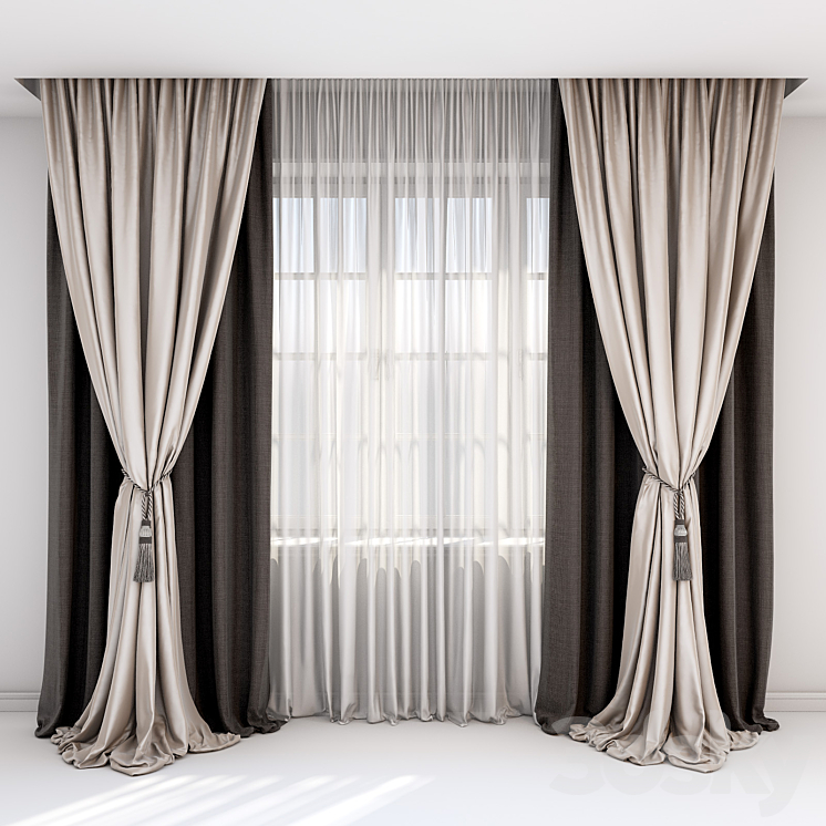 Curtains with pick-up – a brush and straight curtains in brown-beige tones. 3DS Max - thumbnail 1