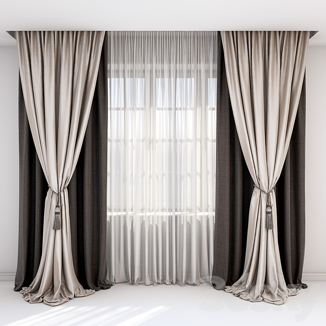 Curtains with pick-up – a brush and straight curtains in brown-beige tones. 3DSMax File - thumbnail 1