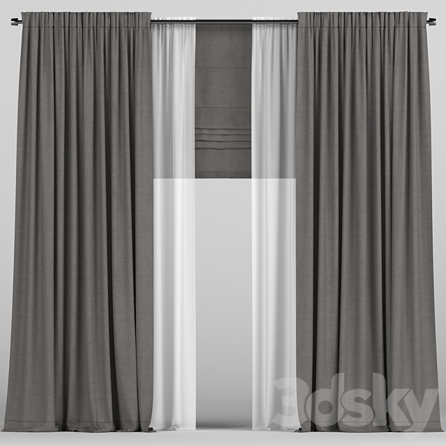 Curtains with tulle and roman blinds. 3ds Max - thumbnail 1