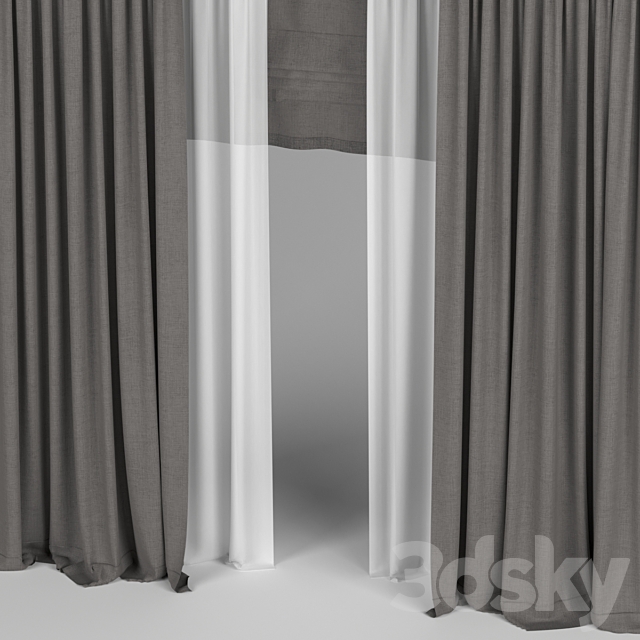 Curtains with tulle and roman blinds. 3ds Max - thumbnail 2