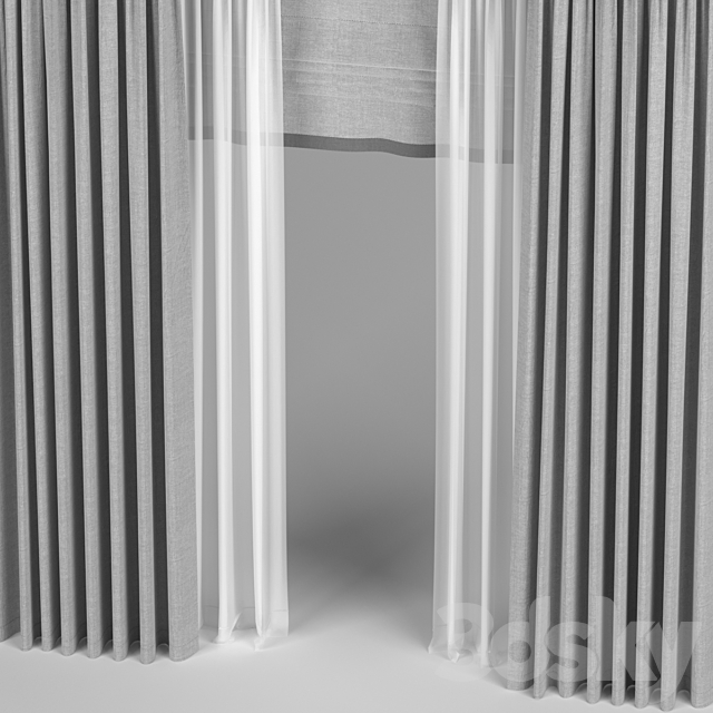 Curtains with tulle and roman blinds. 3DS Max Model - thumbnail 2