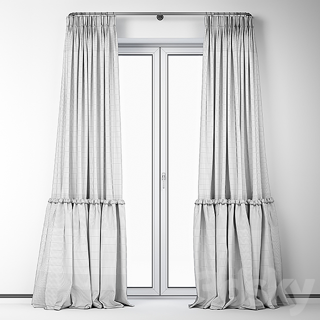 Сotton draped curtains with ruffles _ Curly curtains with ruffles 3DS Max Model - thumbnail 3