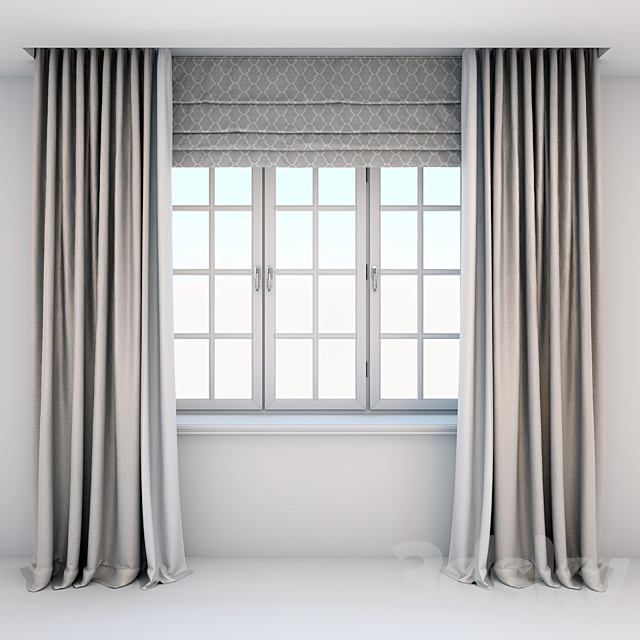 Direct curtains in the floor and Roman curtains in a modern style with a window 3ds Max - thumbnail 1