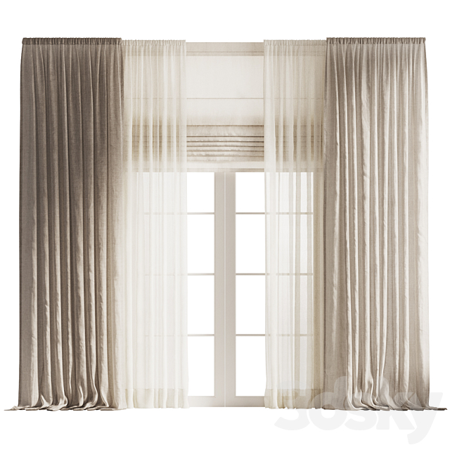 Draped Linen Curtains with Tulle and Roman Shade 3ds Max - thumbnail 1