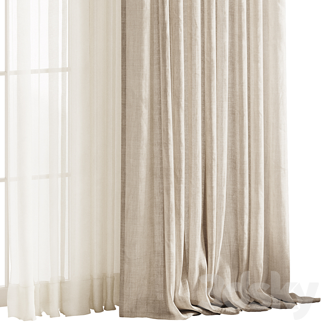 Draped Linen Curtains with Tulle and Roman Shade 3ds Max - thumbnail 2