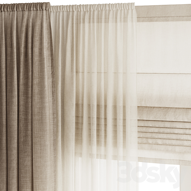 Draped Linen Curtains with Tulle and Roman Shade 3ds Max - thumbnail 3