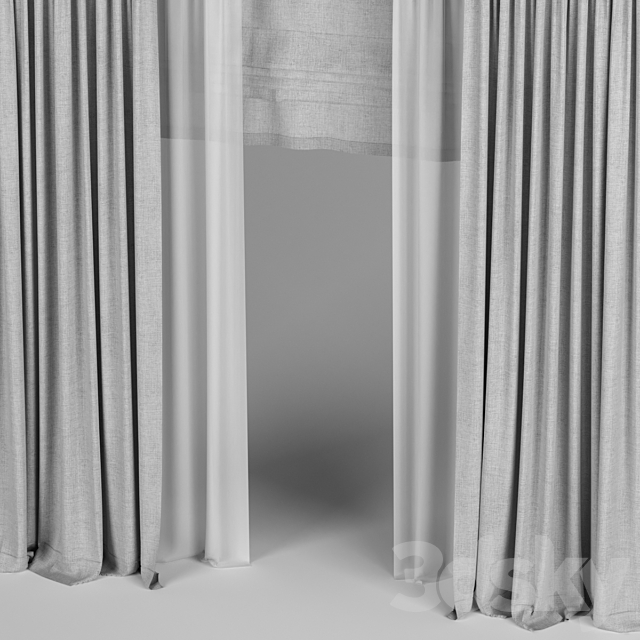 Gray curtains with tulle and a roman curtain. 3DS Max Model - thumbnail 2