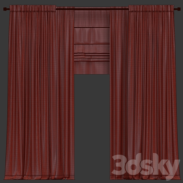 Gray curtains with tulle and a roman curtain. 3DS Max Model - thumbnail 3