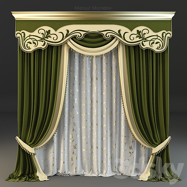 Green classic curtain 3ds Max - thumbnail 1