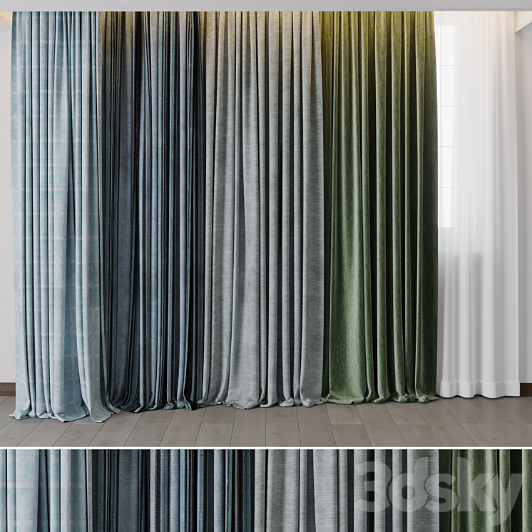 Hadi Curtains 40 – collection of green and blue curtains with patterns 3DS Max Model - thumbnail 1