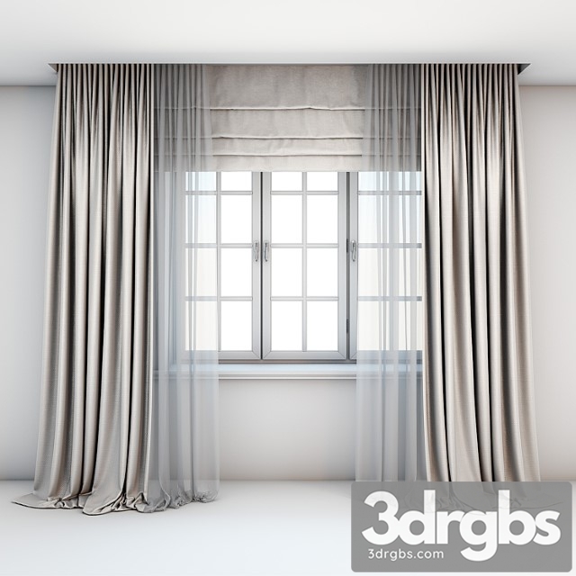 Light Beige Curtains In The Floor With Tulle Decoration Roman Curtains And A Window With Layouts 3dsmax Download - thumbnail 1