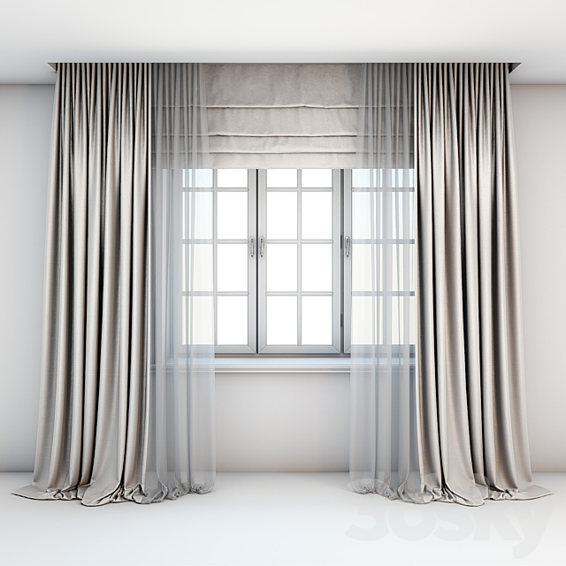 Light beige curtains in the floor with tulle decoration. Roman curtains and a window with layouts. 3DSMax File - thumbnail 1