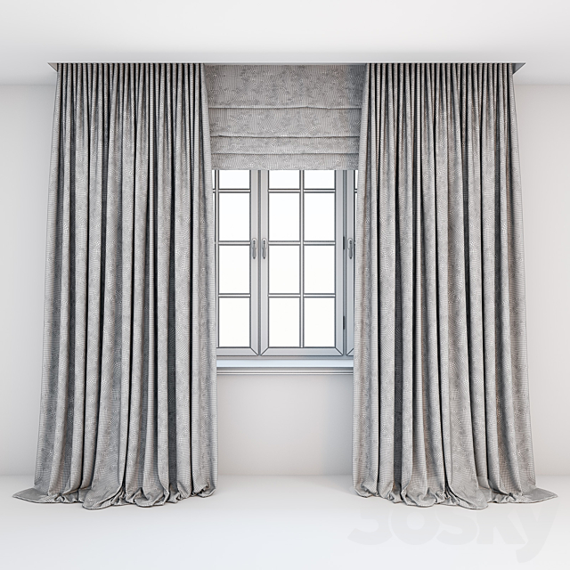 Light beige curtains in the floor with tulle decoration. Roman curtains and a window with layouts. 3DSMax File - thumbnail 2