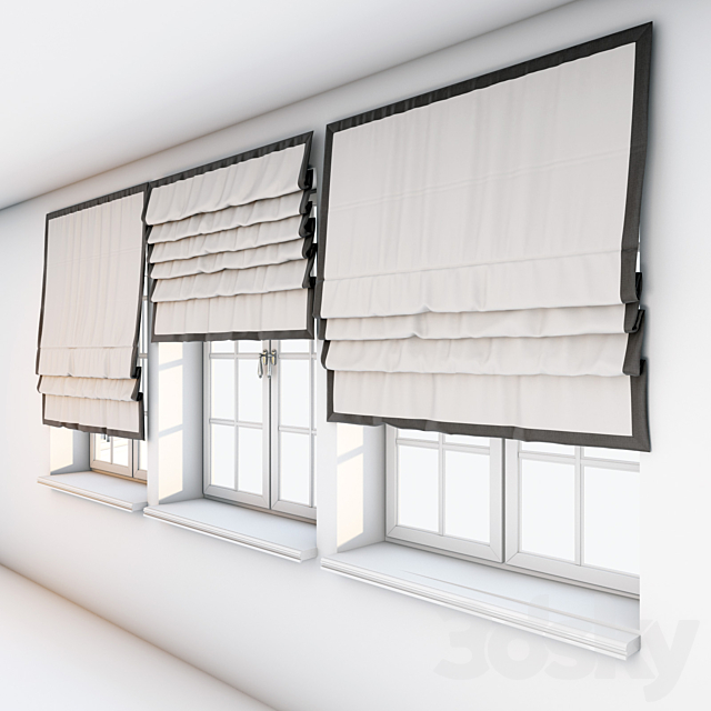 Light beige Roman curtains with a dark brown edge along the edge with a window. 3DSMax File - thumbnail 1