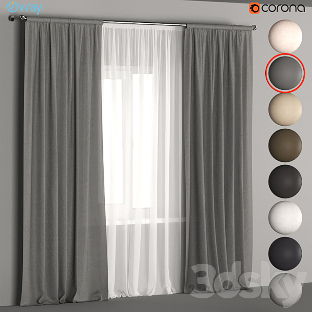 Linen curtains in 8 neutral colors with tulle. 3DSMax File - thumbnail 1