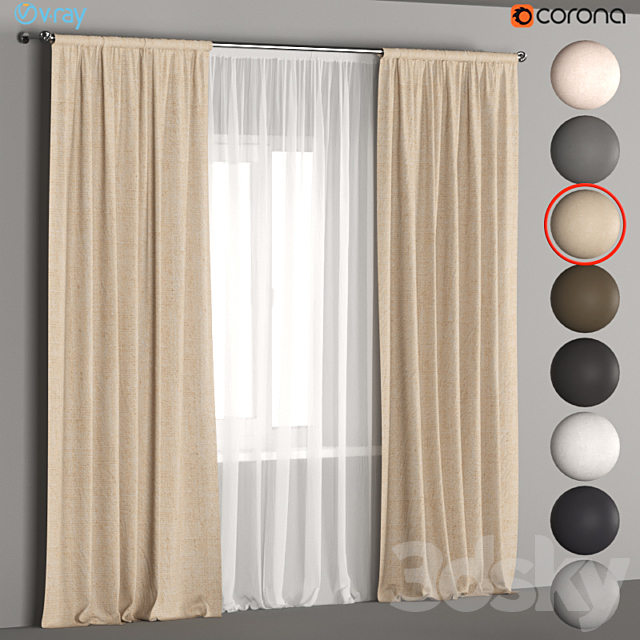 Linen curtains in 8 neutral colors with tulle. 3DSMax File - thumbnail 2