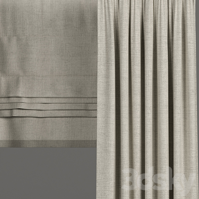 Narrow beige curtains with roman shades. 3DS Max Model - thumbnail 2