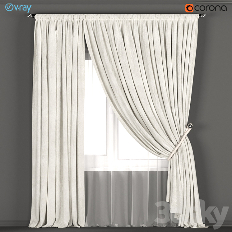 Neutral color curtains made of velvet with a garter on the rope + tulle. 3DS Max - thumbnail 1