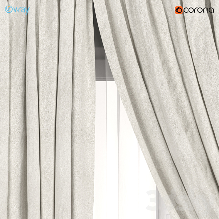 Neutral color curtains made of velvet with a garter on the rope + tulle. 3DS Max - thumbnail 2