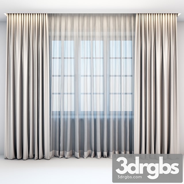 Satin straight beige curtains in the floor and tulle in a modern style 3dsmax Download - thumbnail 1