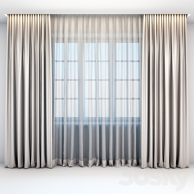 Satin straight beige curtains in the floor and tulle in a modern style 3DSMax File - thumbnail 1