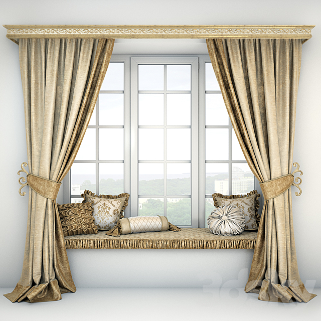 Soft quilted sill with cushions and curtains 3DSMax File - thumbnail 1