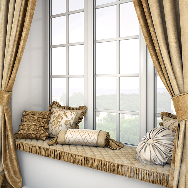 Soft quilted sill with cushions and curtains 3DSMax File - thumbnail 2