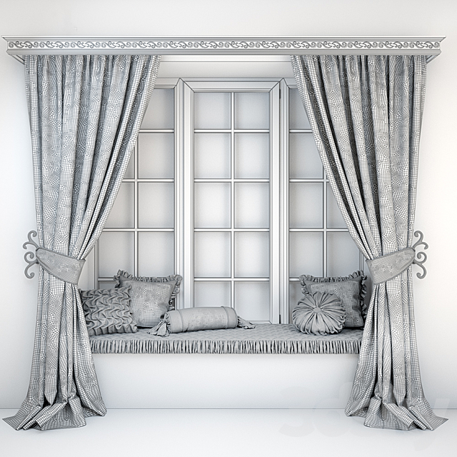 Soft quilted sill with cushions and curtains 3DSMax File - thumbnail 3