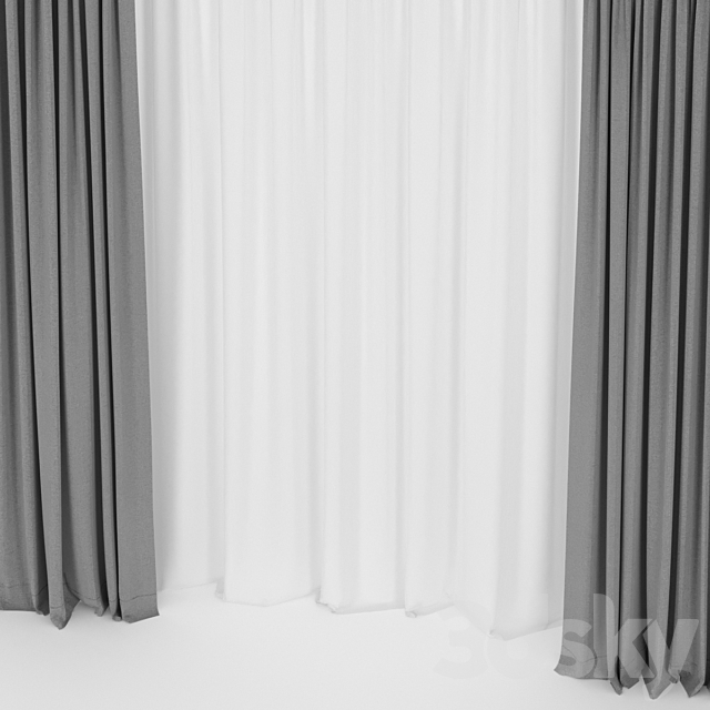 Straight curtains with tulle. 3DS Max Model - thumbnail 2