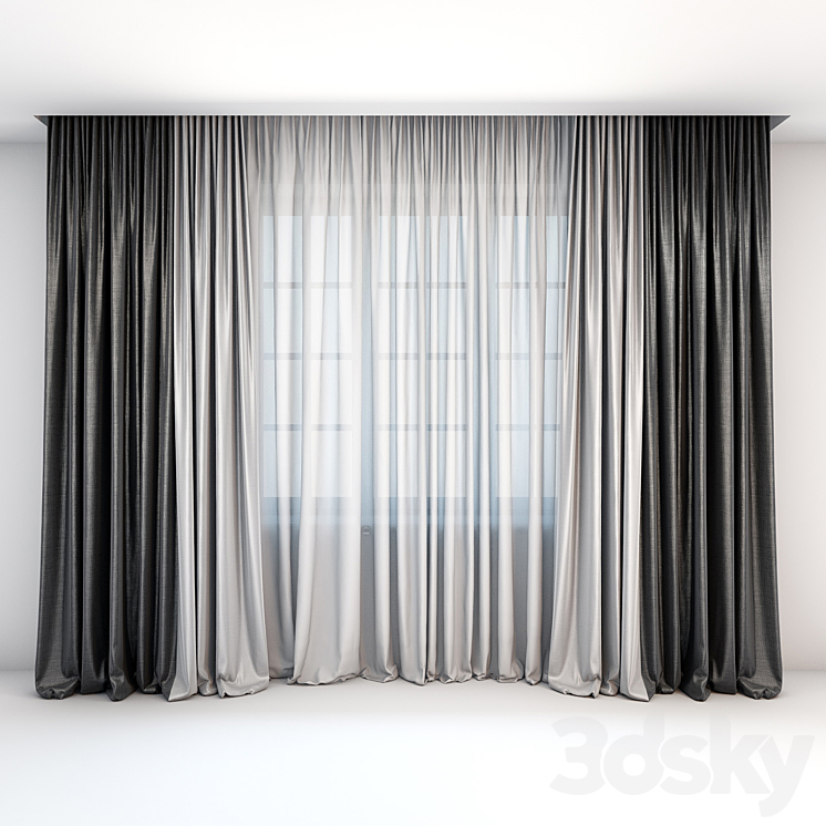 Straight two-color curtains in the floor and tulle in a modern style 3DS Max - thumbnail 1