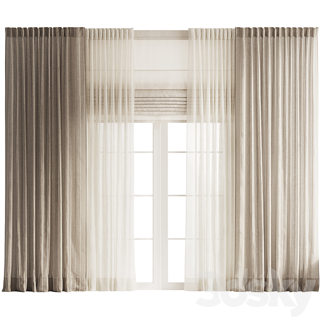 Striped Curtains with Tulle and Roman Shades 3ds Max - thumbnail 1