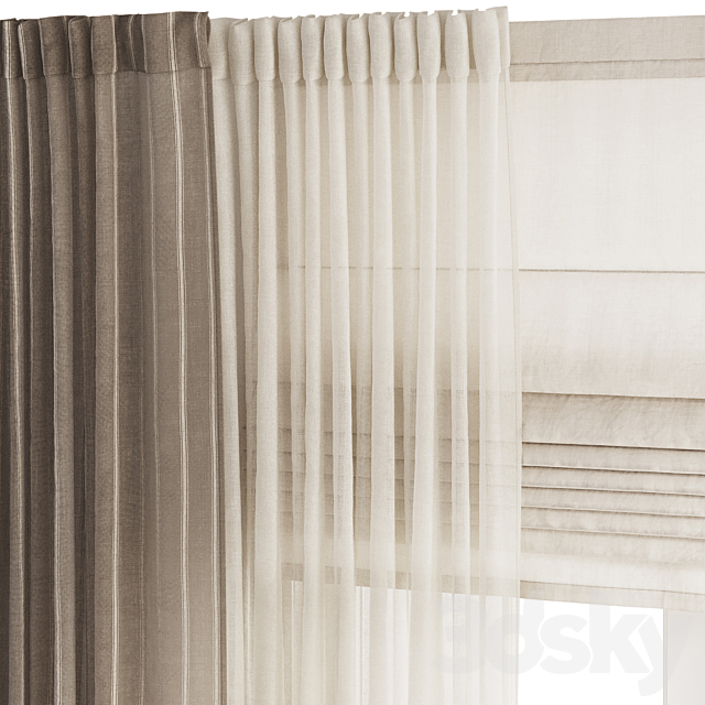 Striped Curtains with Tulle and Roman Shades 3ds Max - thumbnail 3