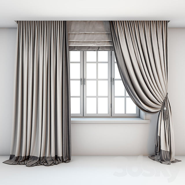 Two-color light curtains in the floor are straight and with a pick-up brush with a dark edging Roman curtains and a window with layouts. 3ds Max - thumbnail 1