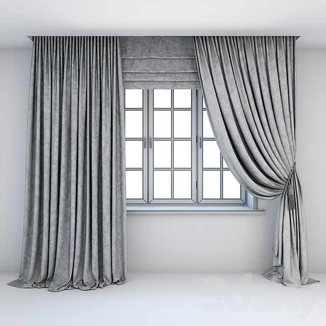 Two-color light curtains in the floor are straight and with a pick-up brush with a dark edging Roman curtains and a window with layouts. 3ds Max - thumbnail 2