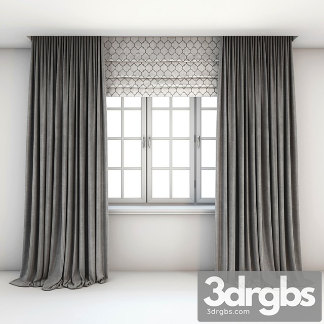 Two-color straight gray curtains in the floor roman curtains with a yarrow pattern and a window with layouts. 3dsmax Download - thumbnail 1