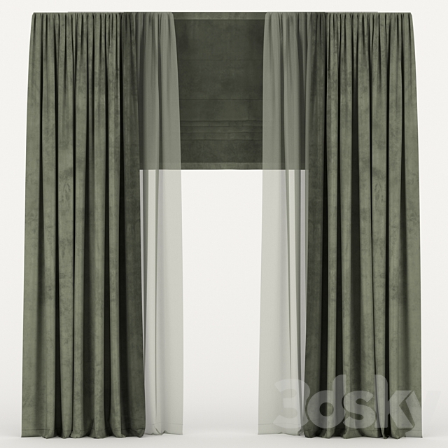 Velvet curtains with tulle and roman blind 3ds Max - thumbnail 1