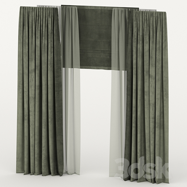 Velvet curtains with tulle and roman blind 3ds Max - thumbnail 2