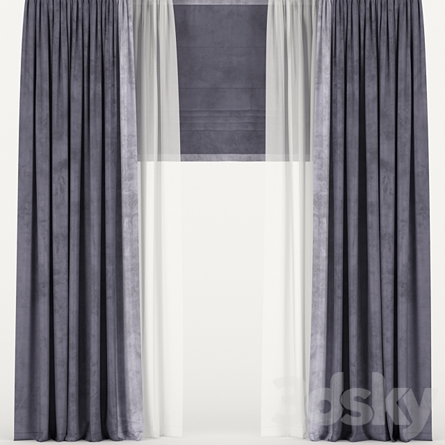 Velvet curtains with tulle and roman blinds. 3ds Max - thumbnail 1