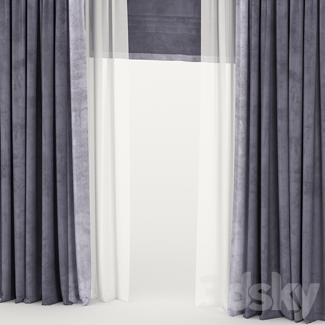 Velvet curtains with tulle and roman blinds. 3ds Max - thumbnail 2